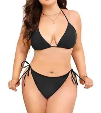 2 Piece Plus Size Triangle Bikini Halter Tie Side for Women-Black