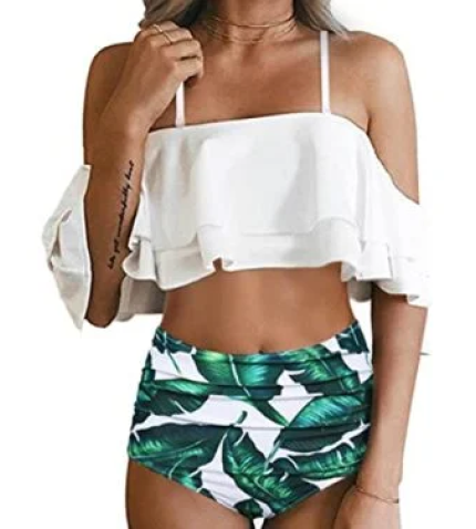 Fashionable Off Shoulder Tummy Control Bikini Set-White Leaf