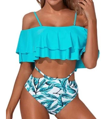 Fashionable Two Piece Bathing Suit For Women Tummy Control Bottoms-Light Blue Green Leaves