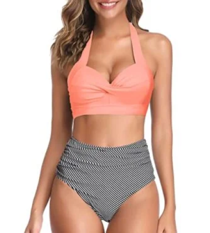 Figure-Flattering High Cut Legs Women’s Bikini Swimsuits-Coral Pink Stripe