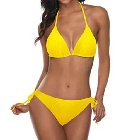 Halter Top Tie Side Bottom Women Two Piece Bikini-Neon Yellow