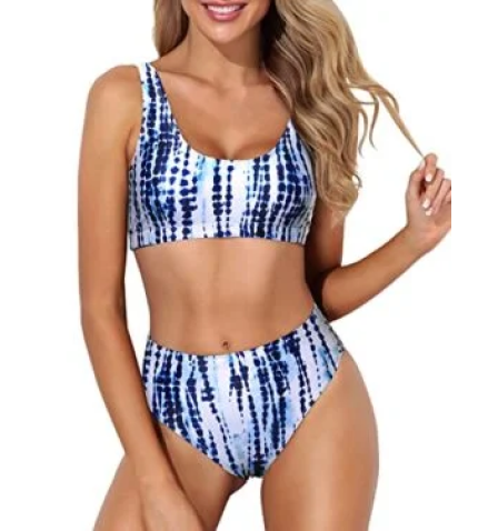 High Cut Swimsuit Sporty Two Piece Scoop Neck Bikini For Long Torso-Blue Tie Dye