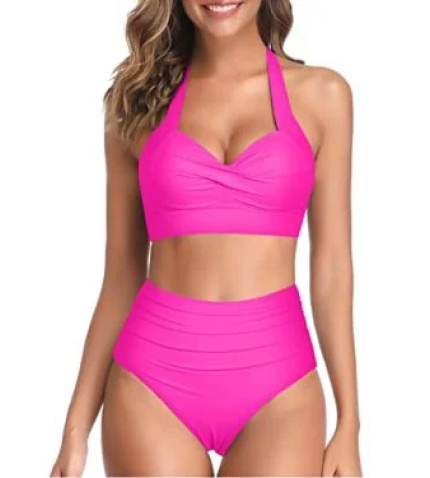 High Waisted Pleated Front Panel Women’s Bikini Swimsuits-Neon Pink