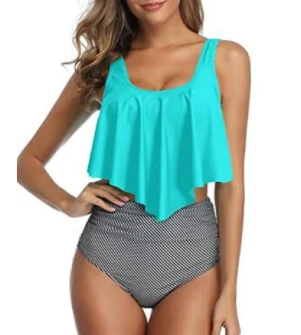High Waisted Ruched Bottom Hot Sale Two Piece Bikini-Aqua Stripe