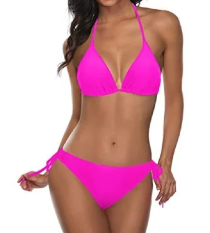 Adjustable Neck And Back Ties Halter Padded Top 2 Piece Bikini Sets-Neon Pink