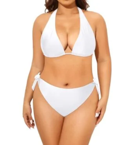 Plus Size Triangle Bikini Mid Waist Two Piece Halter Tie Side Swimsuit For Women