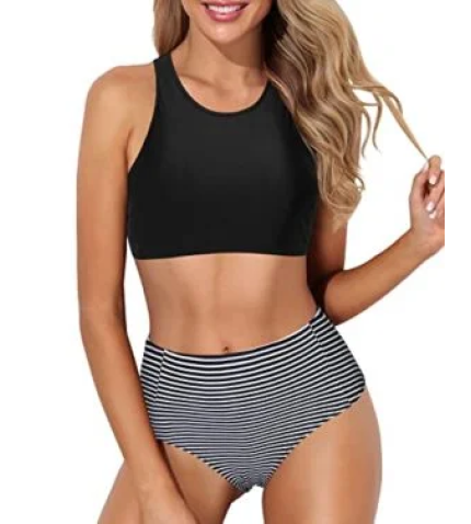 Racerback High Neck Sporty Bikini Set High Waisted Bottom-Black Stripe