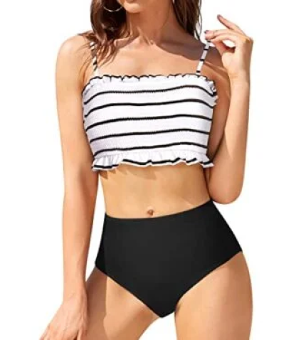 Removable Padded Bandeau Bikini Set High Waisted Bottoms-Black And White Stripe