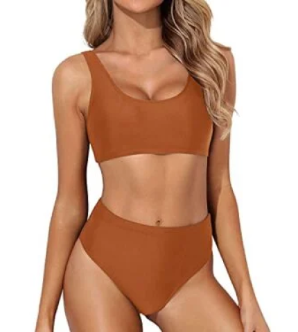 Removable Padded Swimsuit Two Piece Scoop Neck Bikini For Women-Brown