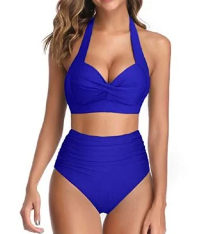 Retro Halter Ruched High Waist Bikini High Cut-Royal Blue