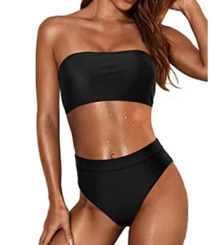 Sexy High Cut Bikini Bottom Removable Padding Strapless Bikini Top-Black