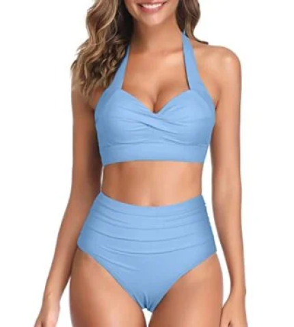 Adjustable Self-Tie Halter Neck Bikini Sets For Women-Light Blue