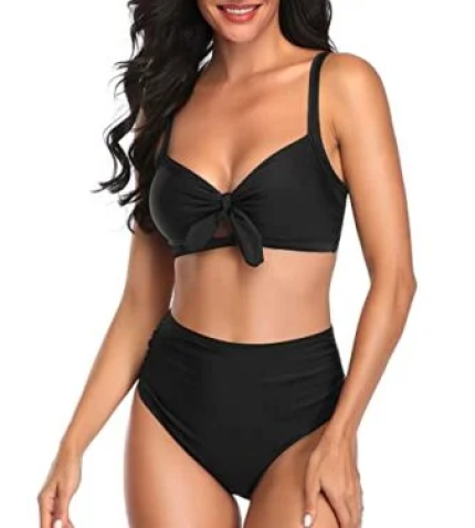 Sexy Tummy Control Ruched Tie Knot Bathing Suits For Women High Waisted Bikini Set-Black