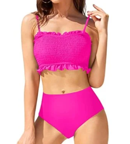 Strapless Shirred Swim Top Smocked 2 Piece Swimsuit-Neon Pink
