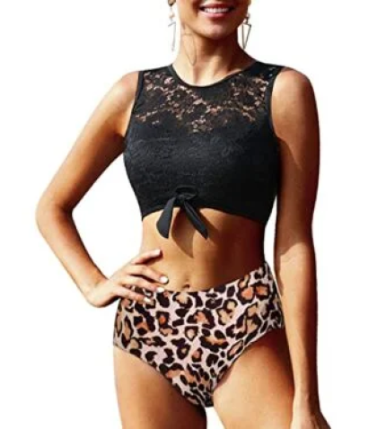 Stylish High Waisted Lace Women’s 2 Piece Bathing Suit Tummy Control Bottoms-Black And Leopard