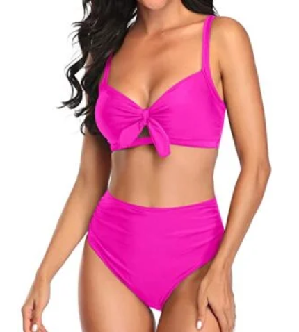 Stylish High Waisted Two Piece Swimsuit Tummy Control Ruched Bikini-Neon Pink