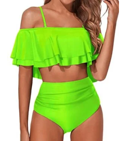 Stylish Off Shoulder High Waisted Bikini Set Swimsuit-Neon Green