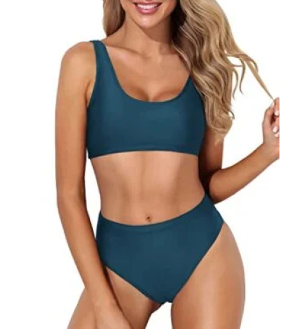 Tummy-Hiding High Waisted Swimsuit Sports Two Piece Bikini For Women-Teal