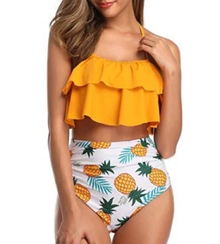 Two Piece Cute Tummy Control High Waisted Bikini-Yellow Pineapple