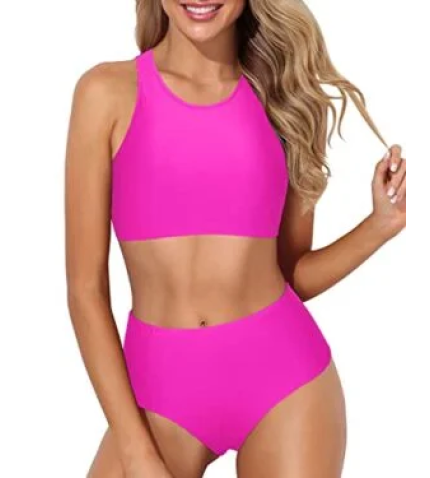 Two Piece Full Coverage Bottom Sporty High Waisted Bikini Set-Neon Pink