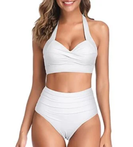 Two Piece Halter Ruched Highwaist Bikini Adjustable Straps Bathing Suit-White