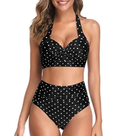 Adjustable Self-Tie Halter Neck Vintage High Waisted Bikini-Black Dot