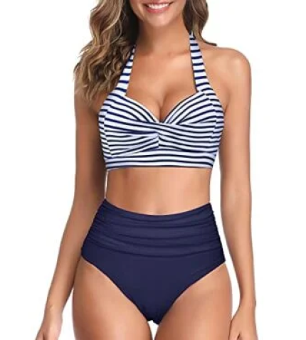 Two Piece Halter Ruched Highwaist Bikini Bathing Suit-Blue White Stripe