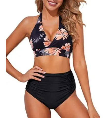 Two Piece High Waisted Bikini Set Halter Tummy Control Bottoms Bathing Suits for Women