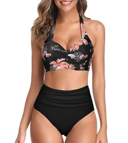 Two Piece Highwaist Bikini Adjustable Clasp Hook Closure Bathing Suit-Black Orange Floral