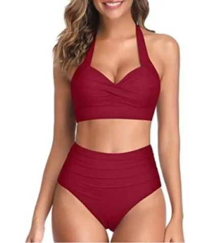 Two Piece Push Up Bra Adjustable Straps High Cut Bikini-Red
