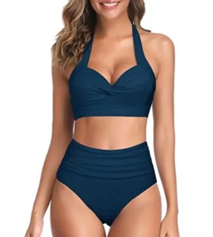Two Piece Self-Tie Halter Neck Pleated Front Panel Push Up Bikini-Teal