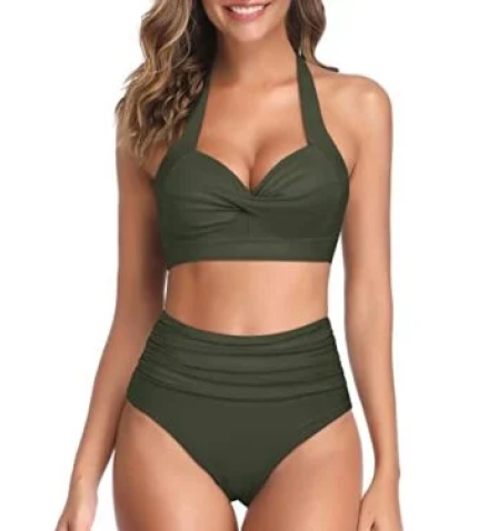 Women’s Vintage Retro Halter High Waist High Leg Bikini Swimsuit-Army Green