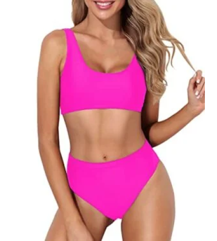 Cheeky High Waisted Bathing Suit Crop Top High Cut Swimsuit-Neon Pink