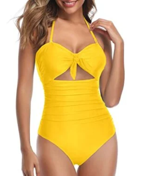 Chic High Waisted Halter Front Tie Knot One Piece Cutout Swimsuits-Neon Yellow