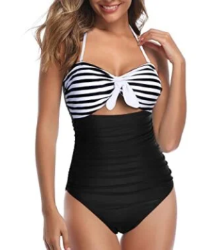 High Waisted Halter Retro High Waist Swimsuits-Black And White Stripe