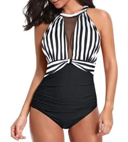 Alluring High Neck Mesh Women’s Bathing Suit-Black And White Stripe